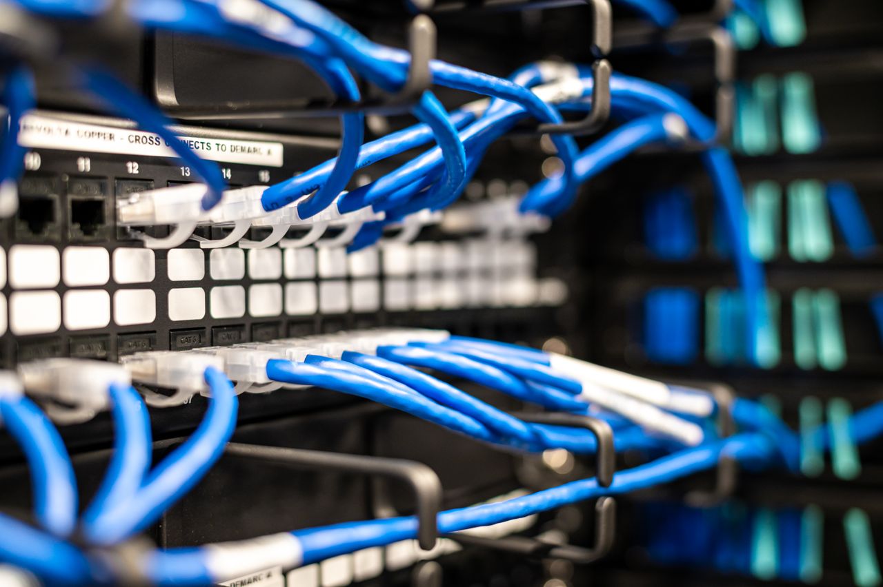 about-us Blue plastic wires with white tips connected to server and provide access to information